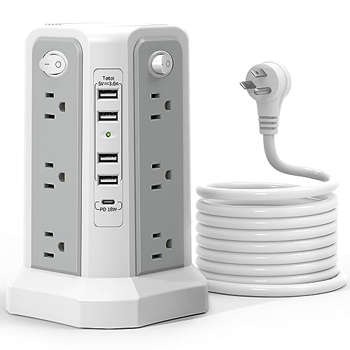 Surge Protector Power Strip Tower (13A 1625W) with PD 20W USB C Port 10FT - style: Gray-13A-4A1C