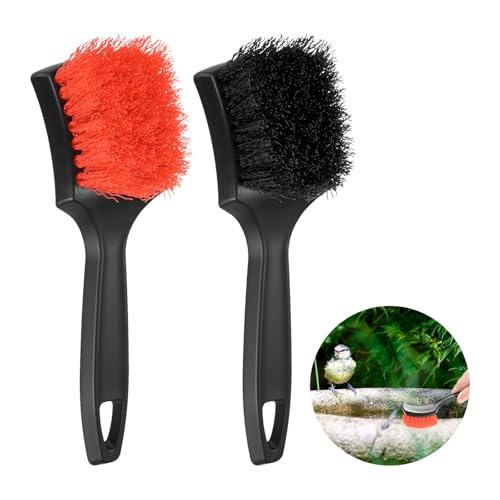 M METERXITY 2-Pack Bird Bath Cleaning Brush, 8.3 Inch Plastic Bird Bath Cleaner with Ergonomic Handle for Feeder/Fountain/Outdoor Cleaning, Utility Hard Stiff Bristle Scrub [Black, Red] - color: Black, Red