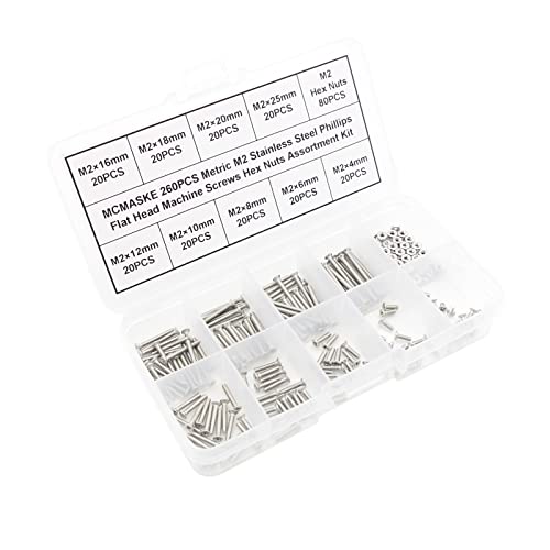 260PCS Metric M2 Stainless Steel Phillips Flat Head Machine Screws Hex Nuts Assortment Kit - size: M2