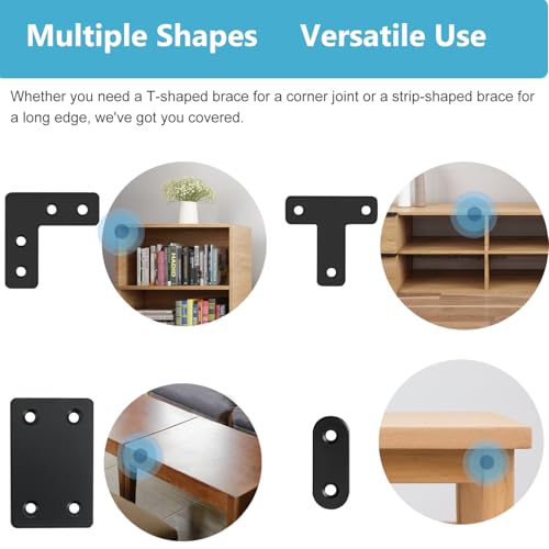 QSJ 22 Pack Straight Brace Stainless Steel Black Flat Brace Straight Corner Braces Straight Brackets Metal Flat Straight Mending Plates with Screws - size: 22Pcs Bracket Set (Flat T/L/Square/Strip)