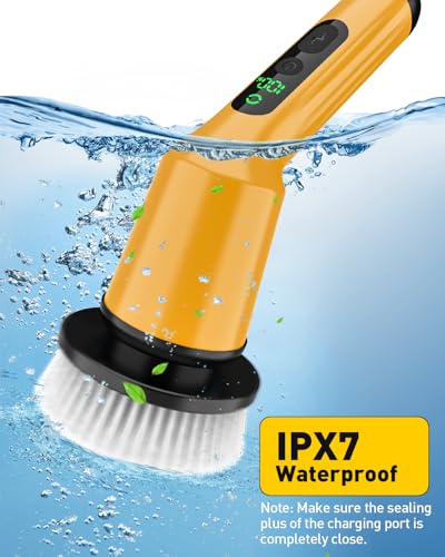 Electric Spin Scrubber for Bathroom, Shower Scrubber with Long Handle - color: Yellow, size: 3 Brush Heads
