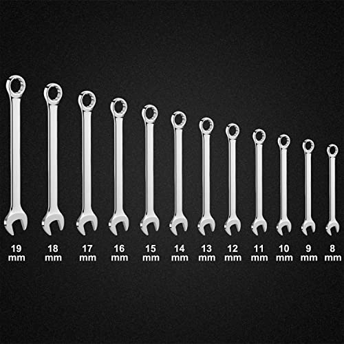 12-Piece Metric Combination Wrench Set in Roll-up Pouch, Non-Skip Sizes 8mm - 19mm | Chrome Vanadium Steel with Mirror Finish | Ideal for General Household, Garage Workshop, Auto Repairs and Much More - size: 12-Piece Metric Set