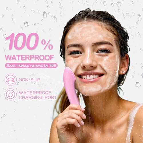 PRITECH Facial Cleansing Brush, Rechargeable Silicone Face Scrubber with Heat Massage End, Vibrating Exfoliator Scrubber for Deep Cleaning, Waterproof Face Brush for Women and Men (Pink) - color: Pink