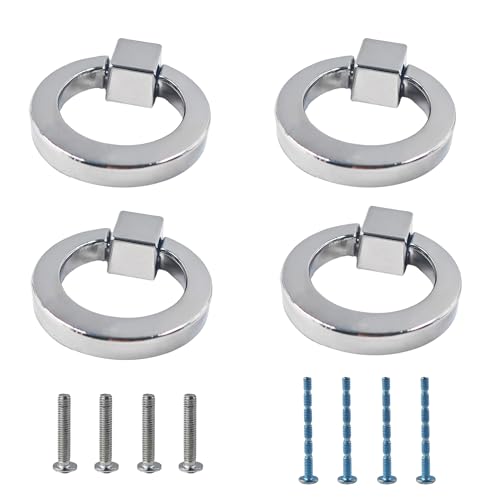 4Pcs Silver Zinc Alloy Cabinet Ring Knobs, Modern Round Drawer Pulls with Mounting Screws, Single Hole Dresser Handles for Kitchen Furniture, Wardrobe and Bathroom Hardware - color: Chrome
