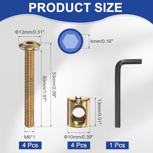 PATIKIL 4 Set Bunk Bed Bolts and Nuts Kit, M6x50mm Furniture Bolts Hex Drive Socket Cap Hardware Replacement for Beds Headboards Chairs - size: M6x50mm