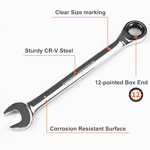 Egofine 7mm Ratcheting Combination Wrench Metric, Industrial Grade Gear Spanner with 12-Point Design, 72-Tooth Ratchet, Chrome Vanadium Steel - size: 7mm