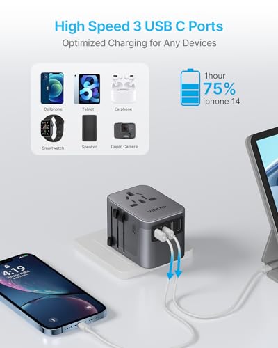 VINTAR Universal Travel Adapter 30W, 6-in-1 with 3 USB-C & 2 USB-A, Silver - color: 30W Silver