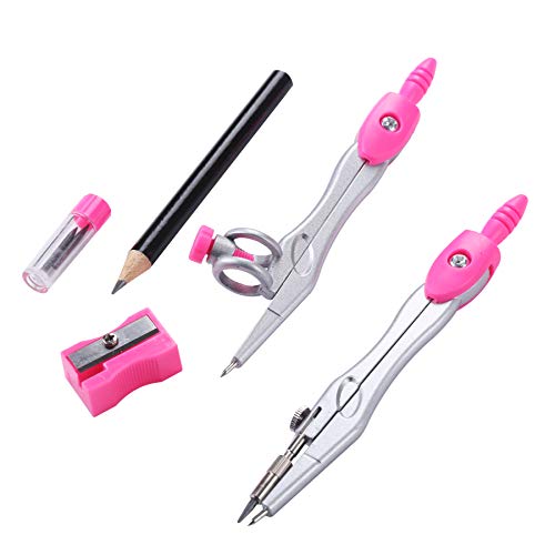 Unjoo Geometry Set 10 Pcs Student Supplies, Protractor and Compass (Pink） - color: Red