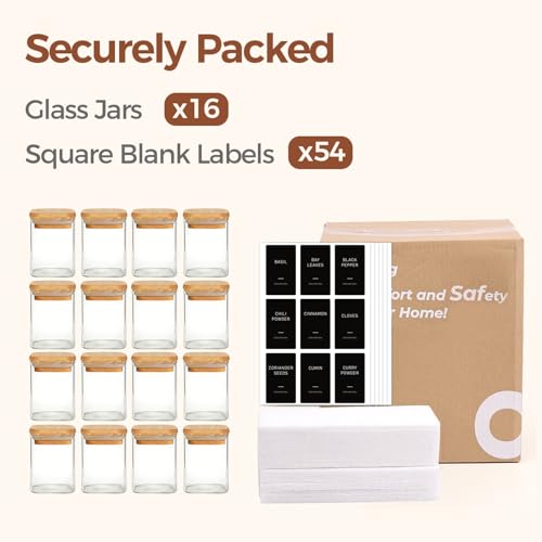 ComSaf Spice Jars 4oz 16 Pack, Seasoning Containers with labels 54 Labels | Small Glass Jars, Bamboo Lid with Silicone Seal, Kitchen Spice Drawer Organizer, Loose Tea,Herbs,Powders,Salt,Chili, BPA Free - size: 4oz*16