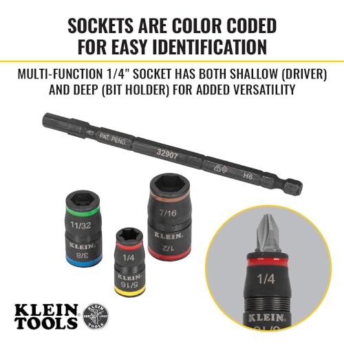 Klein Tools 32907 Impact Driver, 7-in-1 SAE Impact Socket Set, Flip Socket Set with 1/4, 5/16, 11/32, 3/8, 7/16 and 1/2-Inch Nut Driver Sizes and 1/4-Inch Bit Holder, 5-Inch Shaft - color: 7-in-1 W/ 11/32-inch