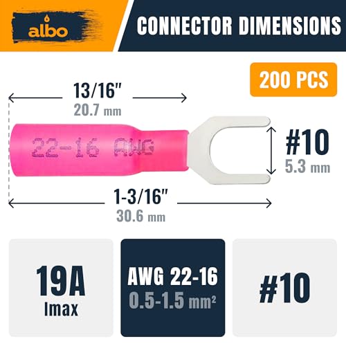 ALBO Heat Shrink Crimp Connectors (Fork 200pcs Red #10 AWG 22-16) - color: Fork 200pcs Red #10 AWG 22-16