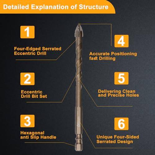 5 Count Four Edged Serrated Eccentric Drill Bit Set,New Four-Flute Sawtooth Eccentric Drill Bit, for Stone, Glass, Concrete, Wood, Brick, Metal (5pack) - style: 5pack