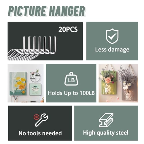 FURHUA 20pcs Super Hook Picture Hangers and Office Pack, Drywall Hooks for Hanging Pictures, Wall Hooks, Picture Hangers, Picture Hanging Kit，Hang Art, Clock, Shelves, Mirrors - style: Silver