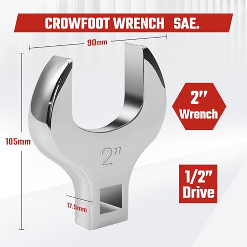 1/2'' Full Polish Drive Jumbo Crowfoot Wrench, Open End Wrench, SAE, 2'', CR-V Steel, Tools for Mechanics Maintenance or Repairs, Access Fasteners in Tight Spaces Work Hard-To-Reach Areas - size: SAE-2''