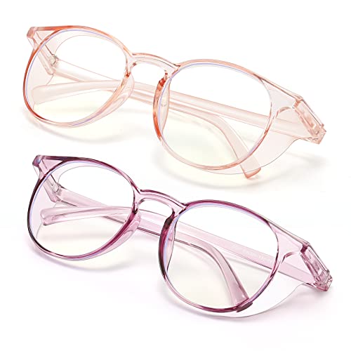 2 Pairs Anti Fog Safety Goggles Protective Glasses Blue Light Blocking Eyeglasses for Men Women - color: Round Pink+purple
