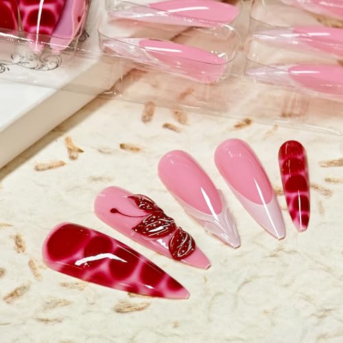 3D Pink Press on Nails Almond - Medium French Tip Fake Nails with Embossed Flower&Red Charm Designs, Glossy Finish Reusable False Nails 24Pcs Nail Kit for Women Manicure(3D Embossed design 1) - color: 3D Embossed design 1