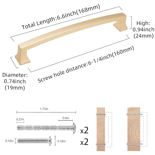 COTYKILEY 10 Pack 6-1/4 Inch(160mm) Brushed Brass Cabinet Handles Gold Kitchen Cabinet Pulls Cabinet Door Handles Kitchen Cabinet Hardware - color: Brushed Brass, size: 6-1/4" Hole Center（160MM）