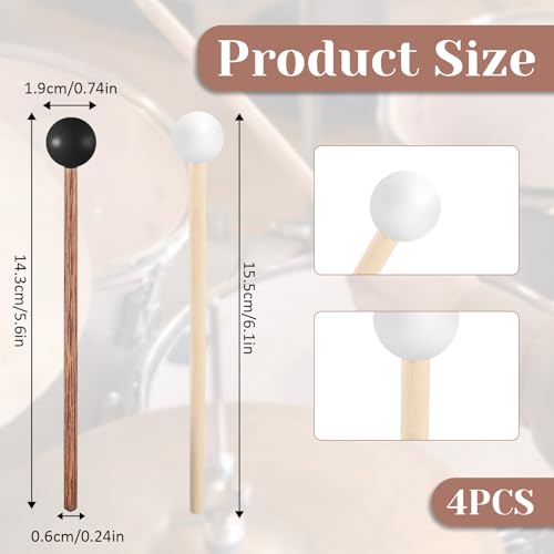 4 Pcs Steel Tongue Drum Mallets, Xylophone Mallet, Glockenspiel Mallets, 5.6 in Rubber Percussion Mallet, Rubber Drumsticks, Wooden Percussion Sticks, Black & White