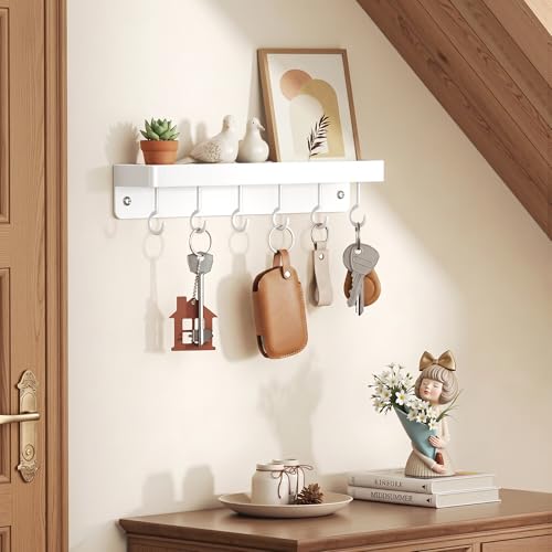 niffgaff White Key Holder Wall Mount, Stainless Steel Self Adhesive Hooks Rack with Shelf, No Drill Key Hanger for Door and Wall - color: White