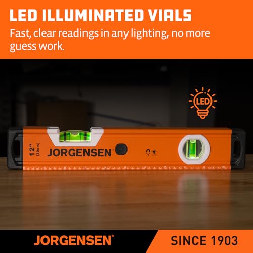 JORGENSEN 12" Magnetic LED Box Level, 90°/180° Torpedo Lighted Leveler Tool - size: 12 inch