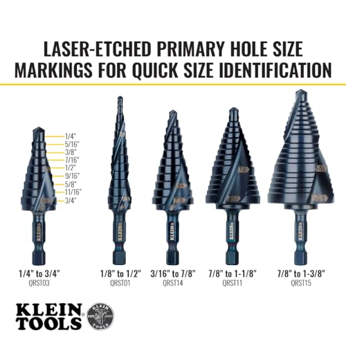 Klein Tools QRST03 Step Drill Bit, Quick Release Spiral Double-Fluted, 1/4 to 3/4-Inch, Hex Shank, Cut Steel, Wood, Plastic, Aluminum - size: 1/4 to 3/4-Inch, style: Quick Release