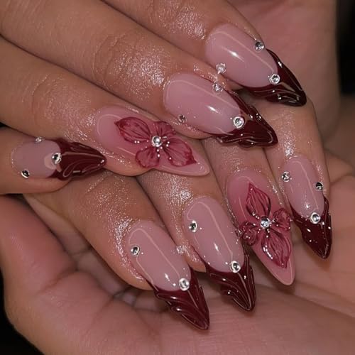 LPOODDNU Red French Tip Press on Nails Almond - Medium Flower Fake Nails with 3D Crystal Diamond Designs, Glossy Finished Reusable False Nails with Glue Tabs - 24Pcs Nail Kit for Women Manicure - color: red french tip flower