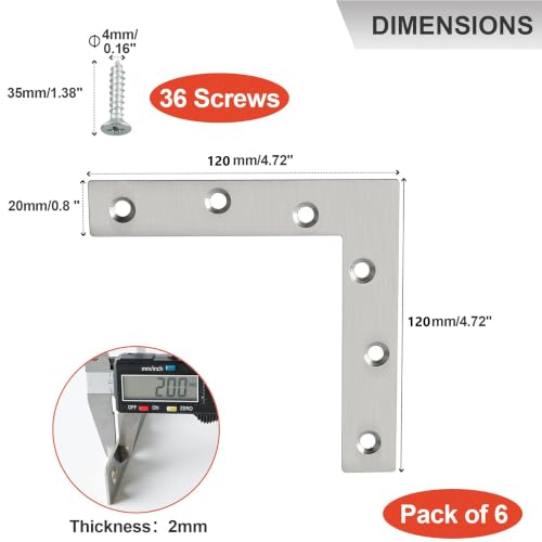 SAYAYO Flat L Bracket, 120x120mm / 5" x 5" Stainless Steel L Mending Plate - color: Brushed Nickel, size: 120x120mm-6pcs, style: L Shape
