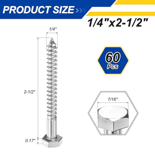 60 Pcs Hex Head Lag Screws 1/4" x2-1/2 SS 18-8 (304) Lag Bolts - color: Silver, size: 1/4"x2-1/2"