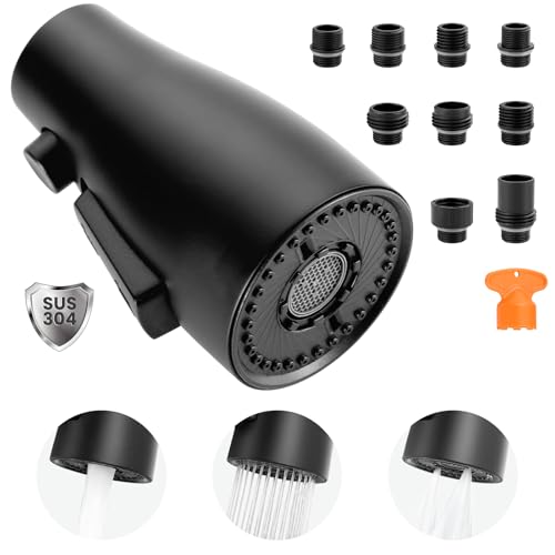 Metal Kitchen Faucet Spray Head Replacement 3 Modes with 9 Adapters - color: Matte Black