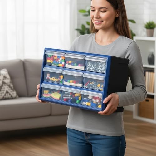 NORTHSKY 9-Bin Small Parts Cabinet, Stackable, Blue, 14.17 × 7.09 × 9.45 in 9 * Blue (9 Drawer & Clear) - size: 9 Drawer