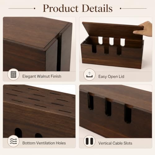 Large Cable Management Box, Wooden Cord Organizer Box with Lid