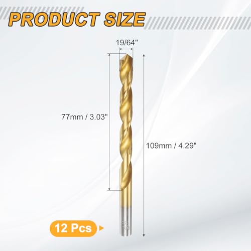 uxcell 12pcs Titanium Twist Drill Bit 19/64" Drilling Dia High Speed Steel Drills for Hardened Metal, Stainless Steel, Cast Iron, Wood, Plastic - size: 19/64 inch