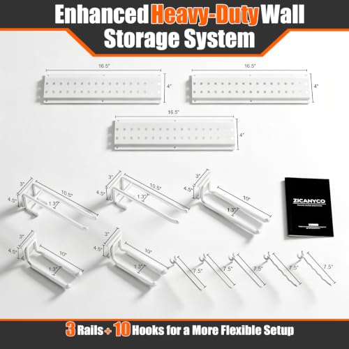 Garage Tool Organizer Wall Mount 49.5 inches with 10 Adjustable Heavy-Duty Hooks, Garage Organization, Garden Tool Storage Rack for Garage, Yard, Shed, Holds Up to 400 lbs, White - color: White, size: 48" | 3 Panels + 10 Hooks