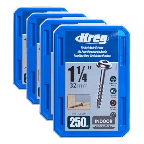 Kreg Zinc Pocket-Hole Screws - SML-C125-250 - 1-1/4 Inch - Coarse Thread - Maxi-Loc Head - Indoor - 250 Count (Pack of 4) - size: 1.25 inches (Pack of 4)