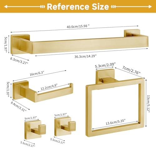 5-Piece Brushed Gold Bathroom Accessory Set, 16 Inch Bathroom Hardware Set, Towel Racks for Bathroom, SUS304 Stainless Steel Wall Mounted Bath Towel Bar Set - color: F-16 Brushed Gold