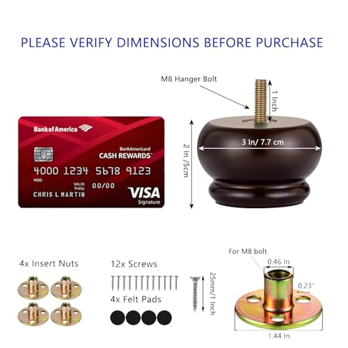 Maricome 2 Inch Wood Furniture Feet Set of 4 Replacement Bun Feet Predrilled M8 Bolt Small Round Furniture Legs for Sofa Couch Ottoman Screw in - color: 2 Inch Espresso Small