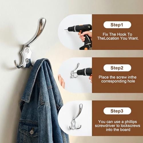 8 Pack Large Coat Hooks, Heavy Duty Three Prong Silver Metal Wall Hooks - color: Silver, size: 8PCS