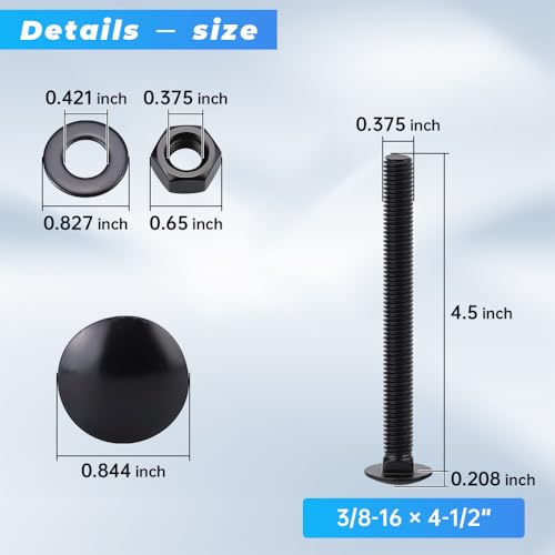 Glvaner (6 Sets) 3/8-16 x 4-1/2" Stainless Steel Carriage Bolts Screws Black and Hex Nuts & Flat Washers Black, Round Head Square Neck, 304 Stainless Steel 18-8, Full Thread Coverage - size: 3/8-16 x 4-1/2"