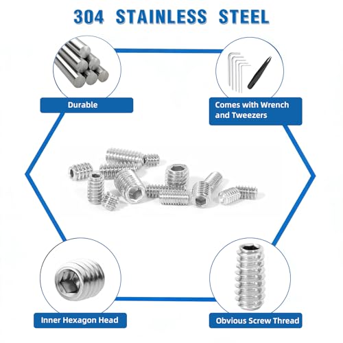 415PCS Allen Head Set Screws Assortment Kit, Imperial Hexagon Socket Hex Grub Set Screws, Includes 5 Hex Keys & 1 Tweezer, for Bathroom Fixtures, Furniture, DIY and Repair (1/8"-40 to 5/16"-18)