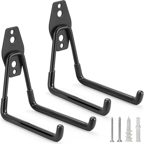 2 Pack Garage Hooks Heavy Duty Storage Organizer Wall Mount Power and Garden Tool Hangers, for Hanging Ladders, Ropes, Hose, Bulk Items - color: Black 2 pack