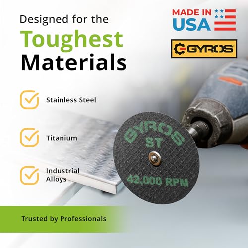 GYROS 1.75” Mini Resin Cut-Off Wheels for Rotary Tools, 12 Double Fiberglass Reinforced Cutting Discs, ST Materials Like Titanium, Carbon; Dremel Cutting Tool Accessory. Made in USA 11-41702/12 - size: 1.75 inches (12 pcs)