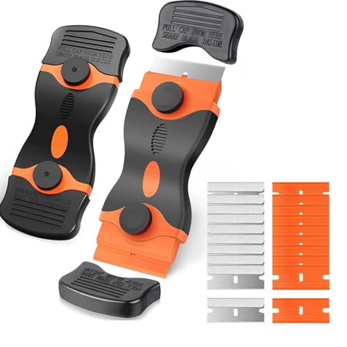2 Pack Razor Blade Scraper Tool With Extra 10pcs Plastic Blades And 10pcs Metal Blades, 2-in-1 Scraper Tool Cleaning Razor Scraper For Decals, Stickers, Labels, Caulk, Adhesive, Paint, Cooktop