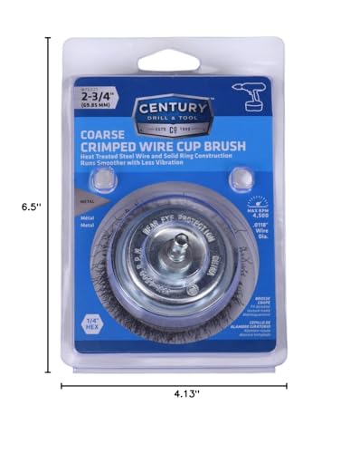 Century Drill & Tool 76221 Drill Cup Wire Brush, 2-3/4" Coarse & Crimped | 1/4" shank, 0." wire diameter, cuts steel & metal, heat and rust resistant coating - size: 2-3/4-Inch Coarse
