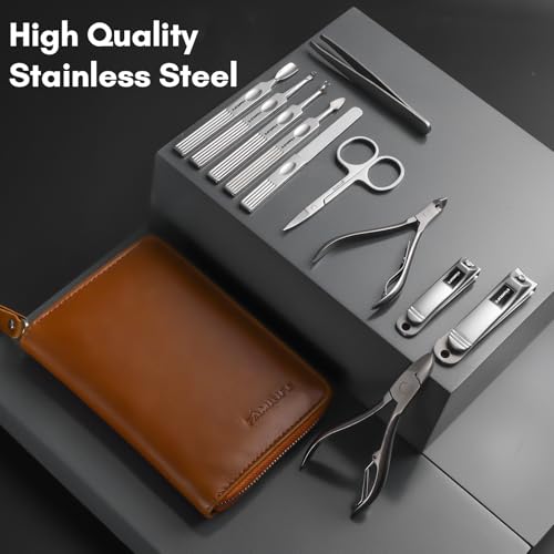 FAMILIFE Stainless Steel Manicure Set 11-in-1 Professional Nail Clipper Kit | Portable Leather Travel Case, Pedicure & Grooming Tools for Fingernails & Toenails, Luxury Gifts Set for Men & Women, Brown - color: Brown
