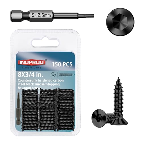 150-Piece #8 x 3/4" Flat Head Hex Socket Self Tapping Screws - Black Zinc Plated Steel, Countersunk Wood Screws with Drive Bit, for Woodworking & Furniture Repair - size: #8 x 3/4"