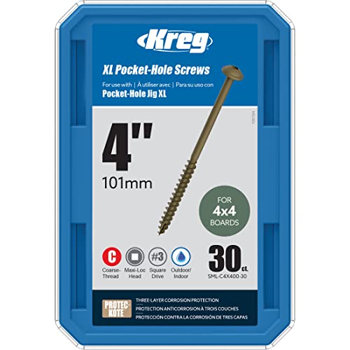Kreg Protec-Kote Pocket Screws - SML-C4X400-30 - Weather Resistant Pocket Screws - 4-Inch - Coarse Thread - Maxi-Loc Head - Outdoor - 30 Count - size: 2 1/2 Inches