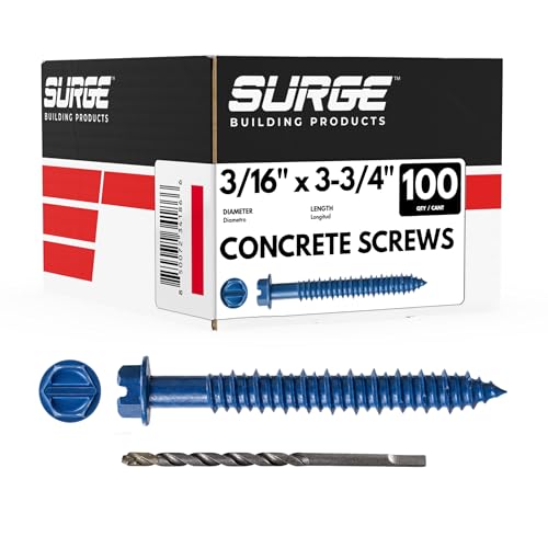 3/16" x 3-3/4" Hex Head Blue Concrete Screws with Drill Bit (Box of 100) - size: 3/16" x 3-3/4"