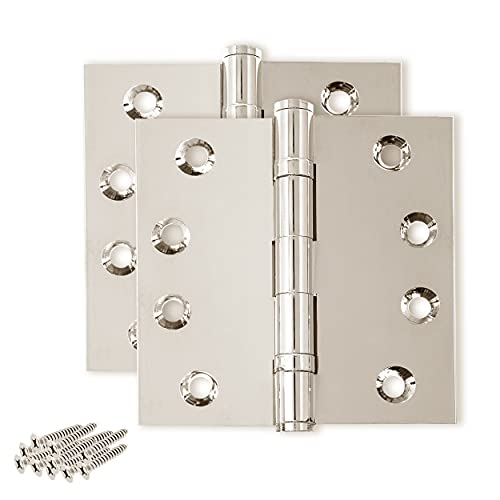 Solid Brass Door Hinge Heavy Duty Ball Bearing Shiny Silver 4x4 Inch - Set of 2 Hinges (Polished Nickel) - color: Polished Nickel