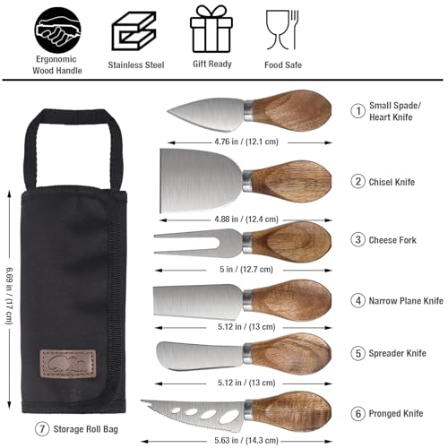 Stainless Steel Cheese Knife Set with Wood Handle, 6 Piece - color: Natural Wood Handle