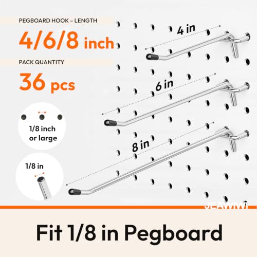 JEAWIWI 36 Pcs Metal Pegboard Hooks, 4 & 6 & 8 Inch, Fit 1/8 in Peg Board - size: 4 & 6 & 8 Inch